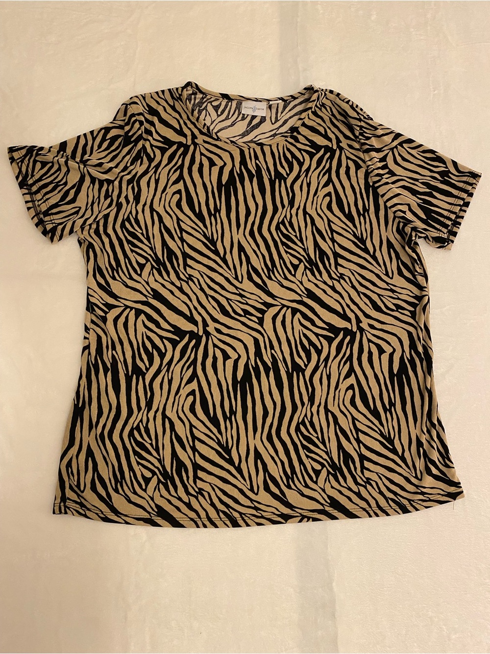 Jaclyn Smith Women’s Black and Tan Zebra Print Short Sleeve Stretch Top Size XL